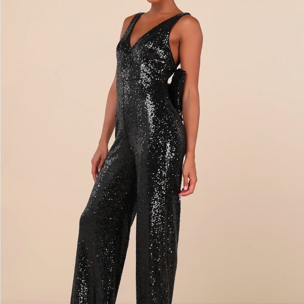 Lulus Black Sequin Bow Jumpsuit - Picture 3 of 4